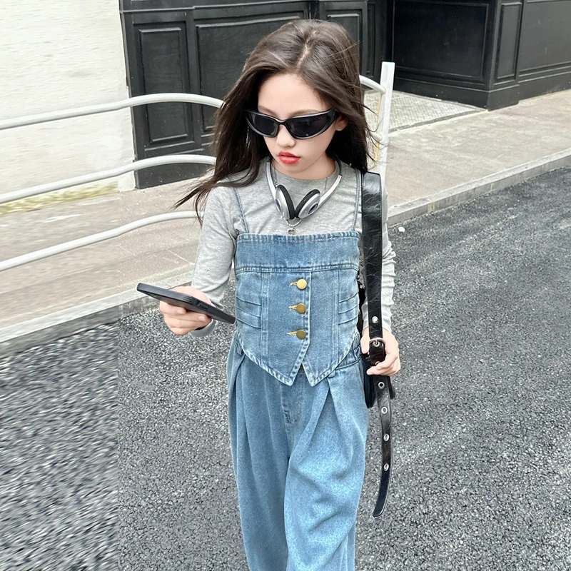 10 12 14 Chic Junior Kids Girls Cowboy Clothes SlingCotton T-shirtWide Leg Pants 3 pcs Teen Kids Clothes Childrens Jeans Set 240926