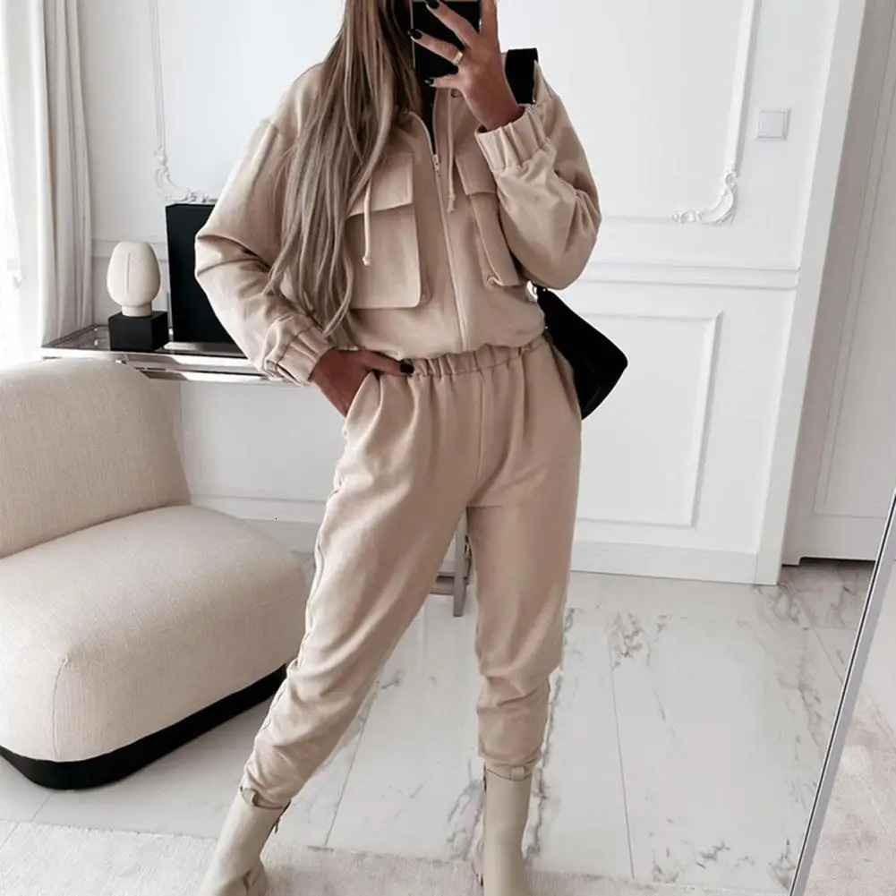 Autumn casual goods womens 2piece set fashionable solid long sleeved zipper jacket pants tight work clothes 240927