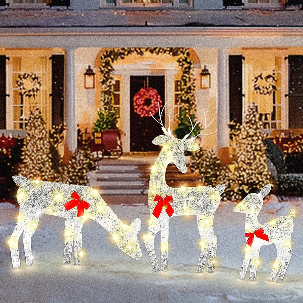 3 2D reindeer and red bow Christmas yard decoration holiday deer display outdoor 240929