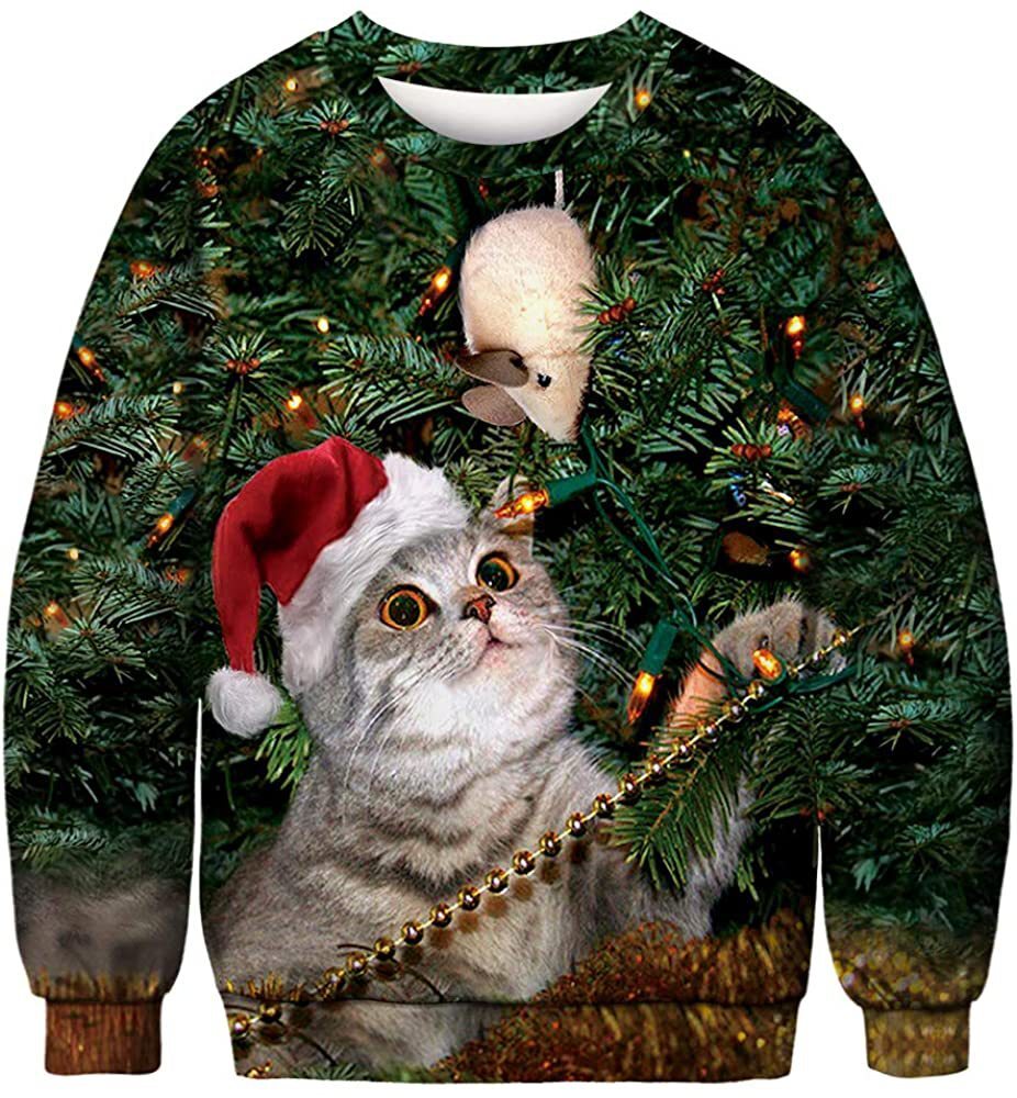 Halloween Animal Cat Meow Star 3D Digital Full Color Printed Men's Long Sleeve Pullover Sweater
