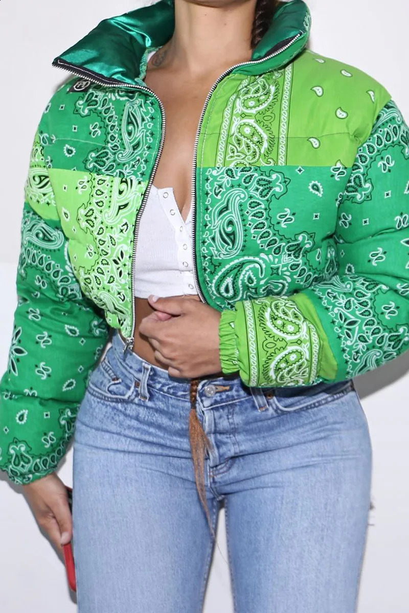 Y2k Casual Printed Puff Bandana Jacket Womens Winter Jacket Warm Fashion Clothing Street Clothing Crop Parka Puff Bubble Jacket 240924