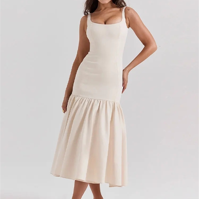 Elegant Ruffles Spliced Suspenders Long Dres Slim Square Collar Sleeveless Vestidos 2024 Summer Fashion Female Party Robe y240929