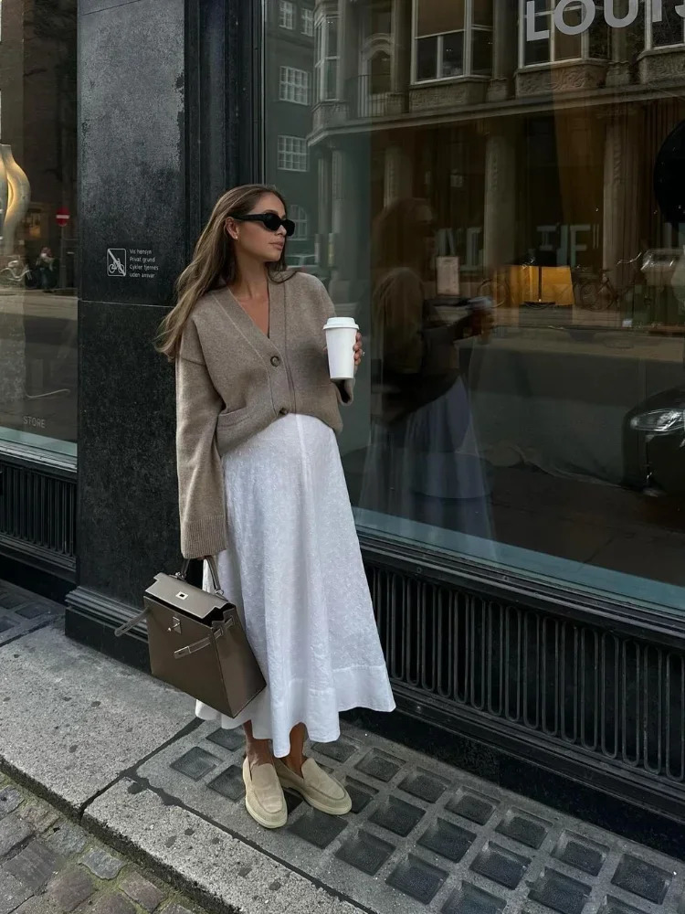 Elegant Marron Singlebreasted V Neck Knitted Cardigan Women Casual Long Sleeves Sweaters 2024 Autumn Lady Office Streetwear 240930