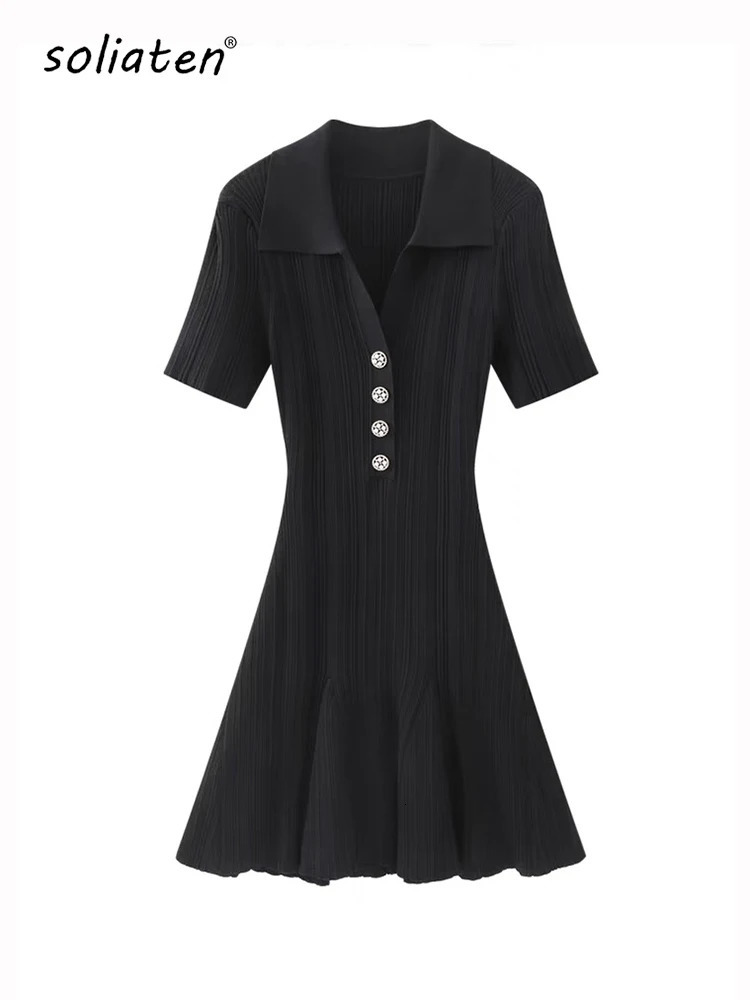 Summer Women;s Turn Down Collar Short Sleeve Knitted Dress Slim Fit A-line Diamond Buttons White Dress For Wmen C-050 240921