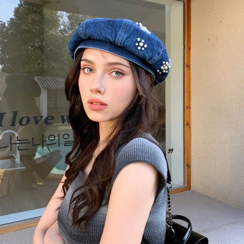 Spring and Autumn Womens Pearl Decorative Denim Beret Outdoor Leisure Artist Hat Travel Shopping Hat MZ1590 W240928