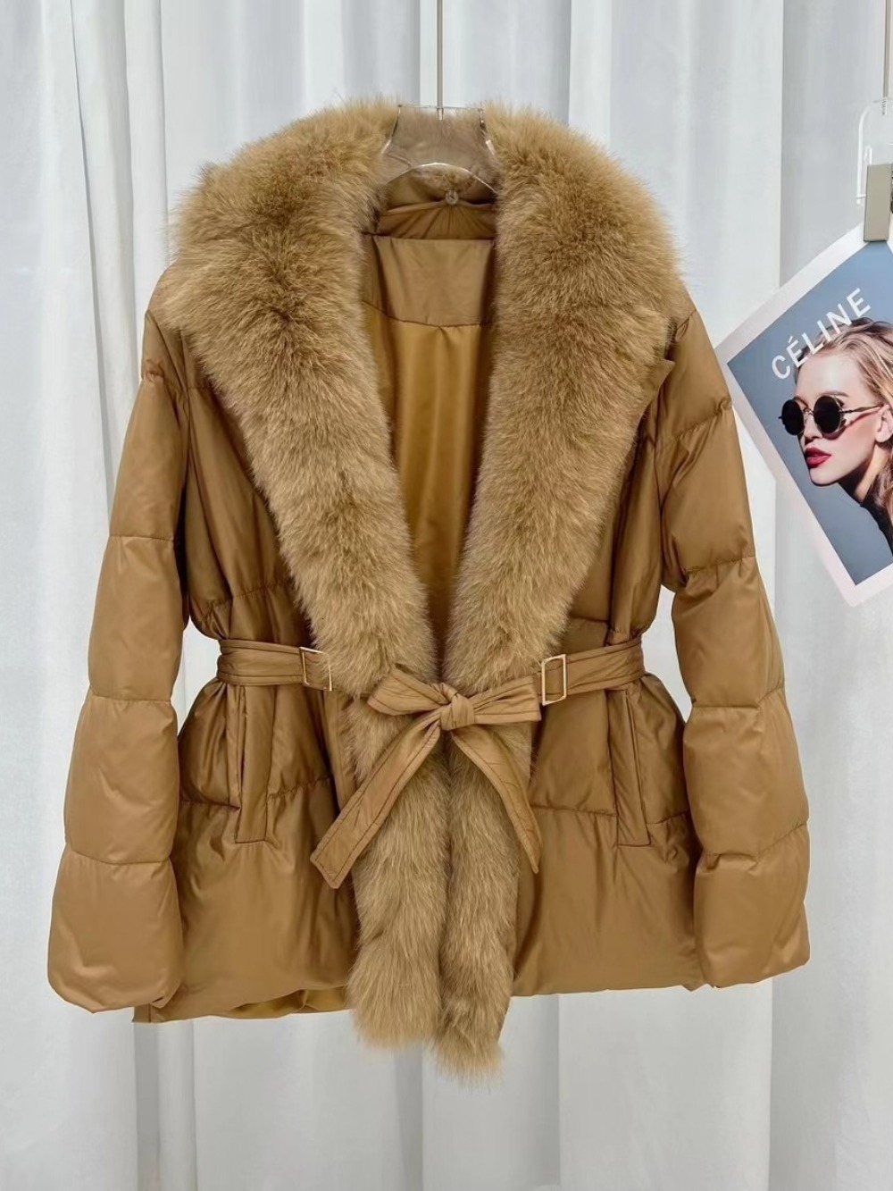 2024 Winter New Natural Fox Fur Collar White Goose Down Jacket Women Warm Parkas Slim Coat With Belt Outwear Female