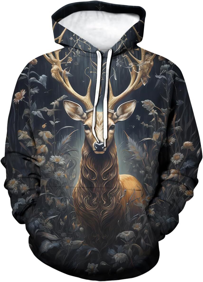 Hoodie for Mens Womens Colorful Dream Aurora Deer Hoodie Hoodies 3D Printing Novelty Forest Animal Sweatshirts Pullover,Grey Graphic Hoodies sweatshir