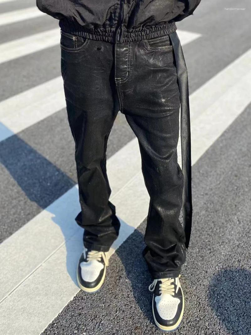 Men's Jeans Black Wax Coated Flare Men Stretchy Fitted Matte Textured Bootcut Pants Flowy Belt Vintage Y2k Hip Hop Trousers