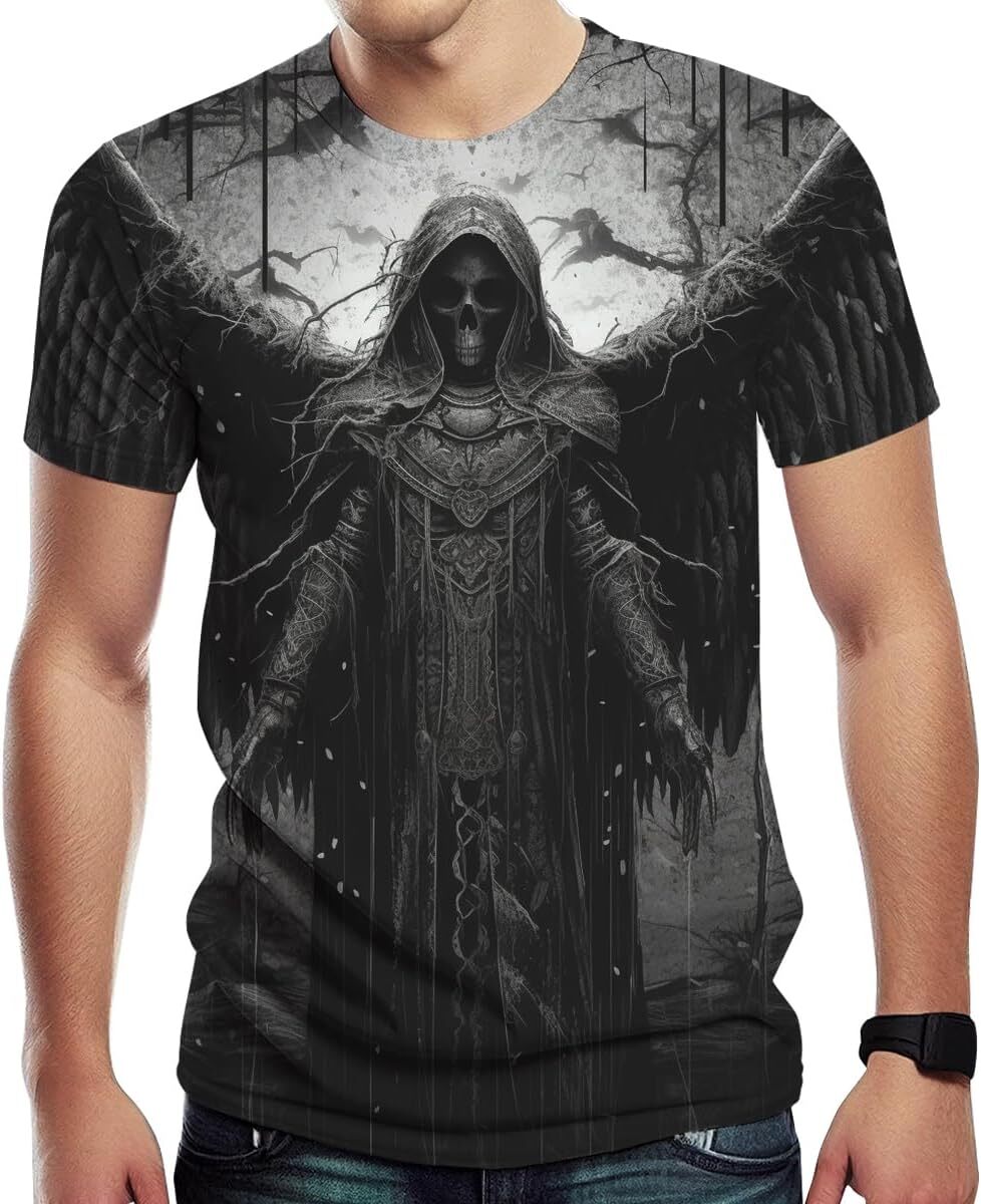 Mens T shirt Gothic Psychedelic Skull Graphic Short Sleeve Sword Winged Skeleton King Shirt Tee graphic tee Casual tops summer clothes Short sleeve