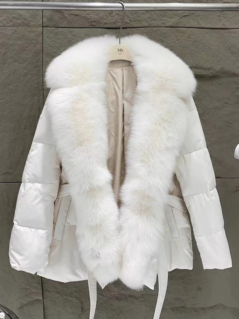 2024 Winter New Natural Fox Fur Collar White Goose Down Jacket Women Warm Parkas Slim Coat With Belt Outwear Female