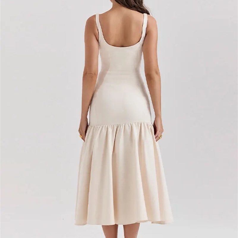 Elegant Ruffles Spliced Suspenders Long Dres Slim Square Collar Sleeveless Vestidos 2024 Summer Fashion Female Party Robe y240929