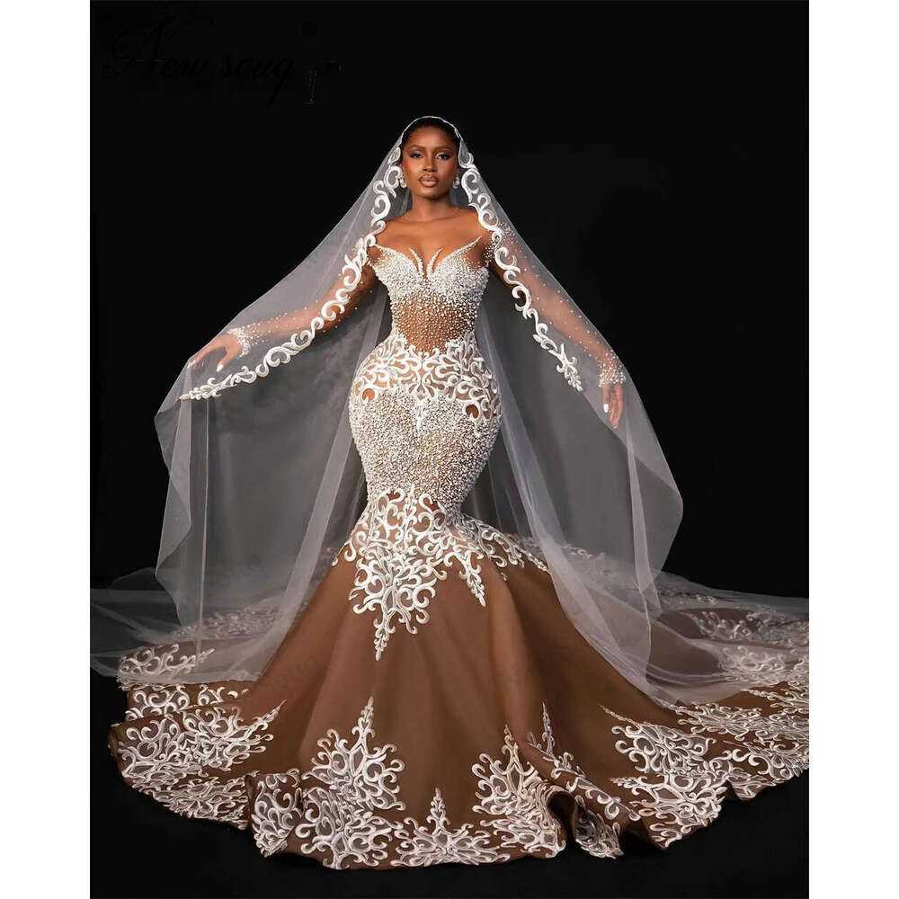 African Brown Tulle Mermaid Evening Dresses Custom Made Lace Beading Prom Elegant Party Dress Vestidos De Noche