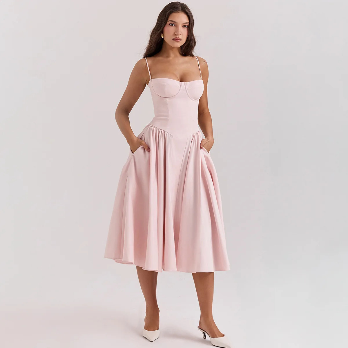 Mingmingxi Elegant Dress for Summer Pink Spaghetti Strap Midi with Pocket Long Party Dresses Holiday Women Clothing 240929