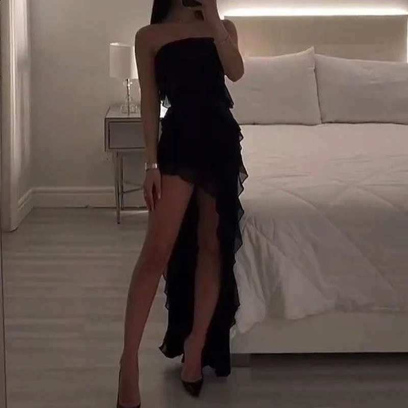 Women Strapless Sexy Floral Fold Hemline High Slit Mini Dress 2024 Solid Backless Sleeveless Black And Pink Party Vestidos 240929