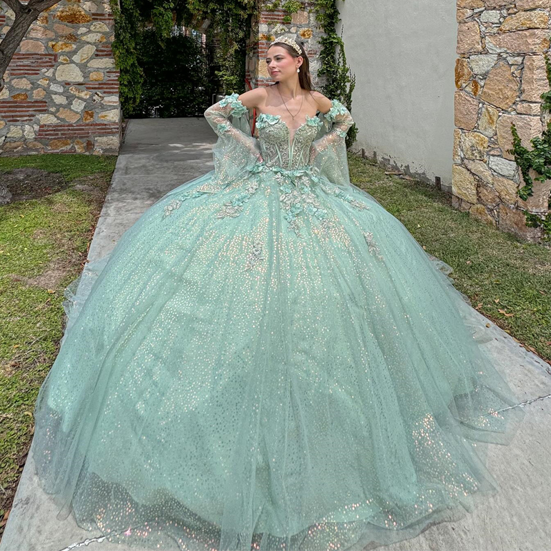 Mint Green Sparkly Quinceanera Dresses Ball Gown Off The Shoulder Lace Applique Beaded Tull Corset Sweet 16 Dress Vestidos De 15 Anos