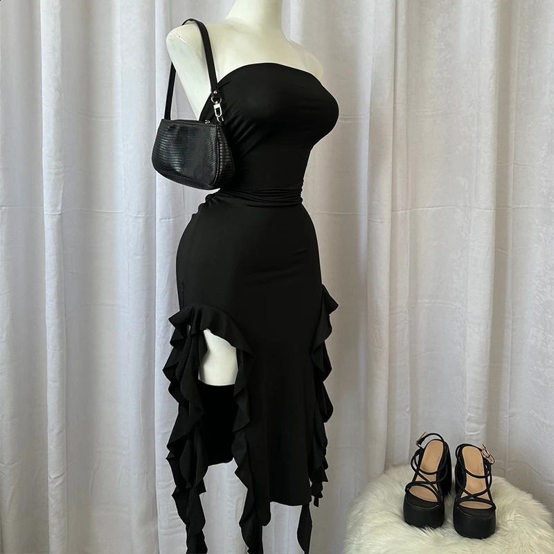 Women Strapless Sexy Floral Fold Hemline High Slit Mini Dress 2024 Solid Backless Sleeveless Black And Pink Party Vestidos 240929