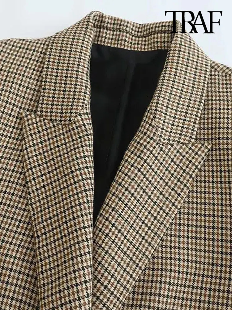 TRAF Women Fashion Double Breasted Plaid Blazer Coat Vintage Long Sleeve Flap Pockets Female Outerwear Chic Vestes Femme 240930