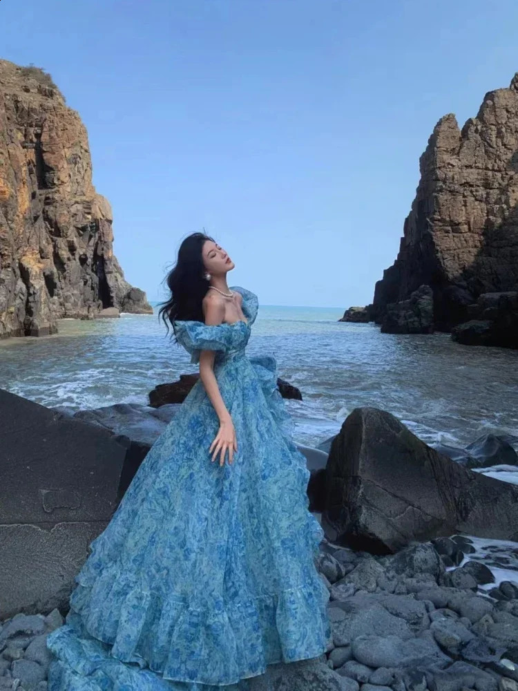 2024 Spring Princess Elegant Dres Puff Sleeve Print Y2k Evening Party Dress Female France Vintage Chic Irregular Clothes 240929