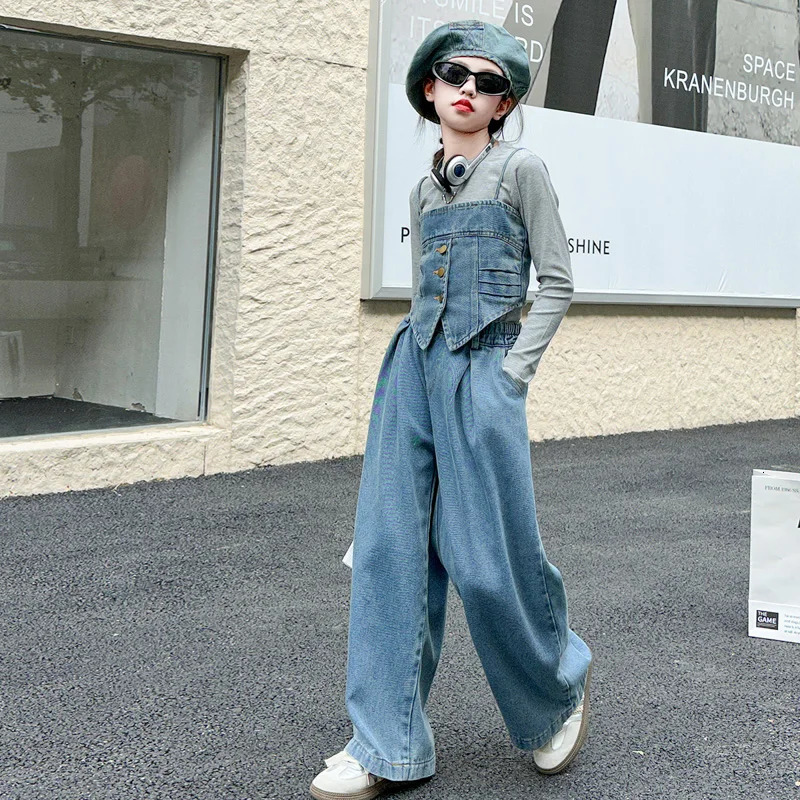 10 12 14 Chic Junior Kids Girls Cowboy Clothes SlingCotton T-shirtWide Leg Pants 3 pcs Teen Kids Clothes Childrens Jeans Set 240926