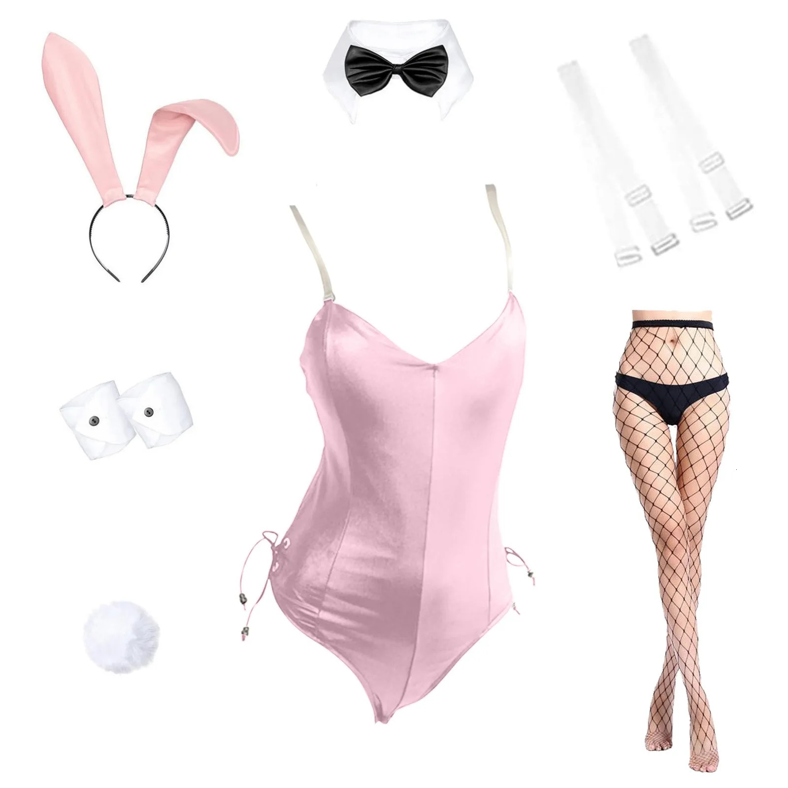 Womens Rabbit Girl Set Anime Halloween Costume Cosplay Tight Clothes Headband Long Socks Nightclub Club Party 240930