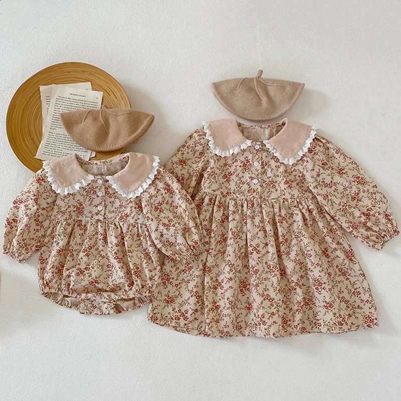 Baby clothes jumpsuit Spring autumn long sleeve baby collar flower children girls dress family matching sisters 240926