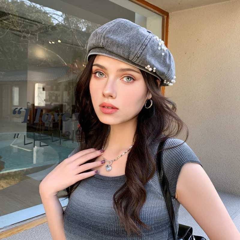 Spring and Autumn Womens Pearl Decorative Denim Beret Outdoor Leisure Artist Hat Travel Shopping Hat MZ1590 W240928
