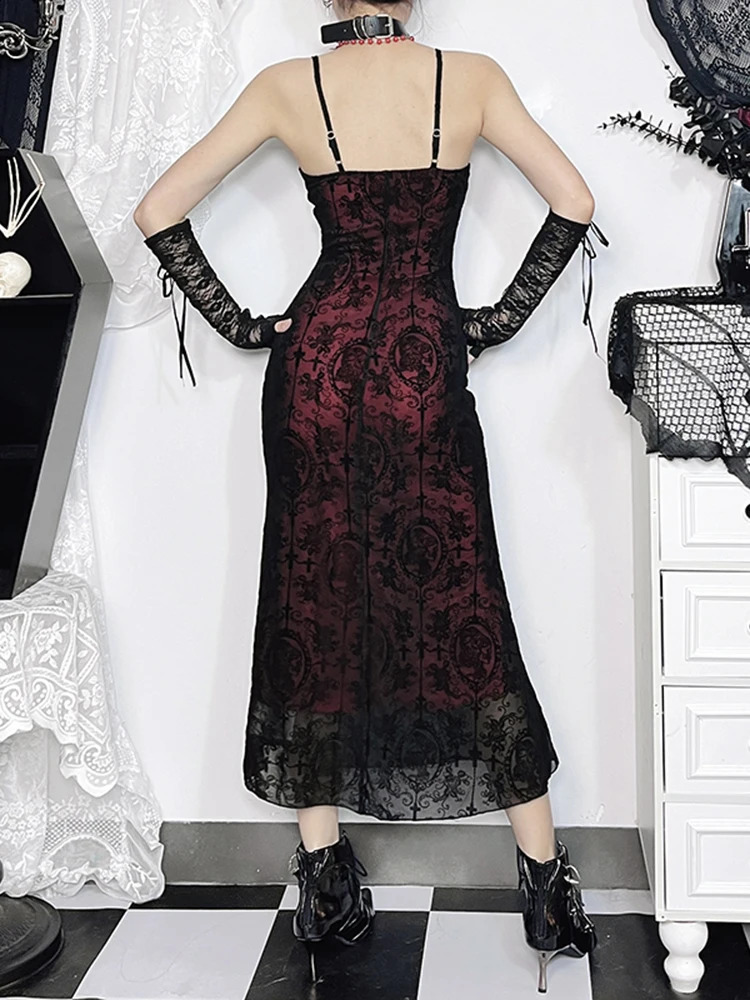 AltGoth Vintage Elegant Goth Dres Sexy Streetwear Fairy Grunge Aesthetic Cross Pattern Spaghetti Strap Party Dress Female 240929