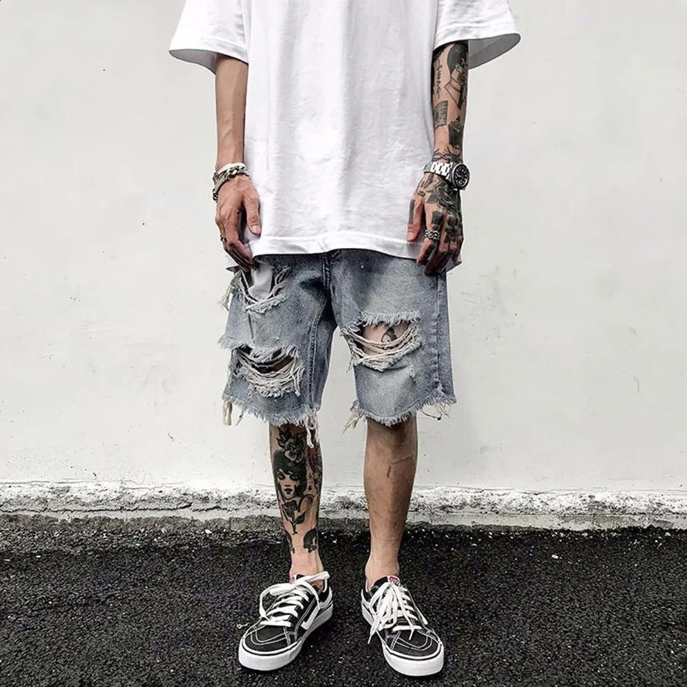 Mens Y2k unique shorts summer fashion trend torn jeans loose oversized shorts high-quality retro casual shorts 240929