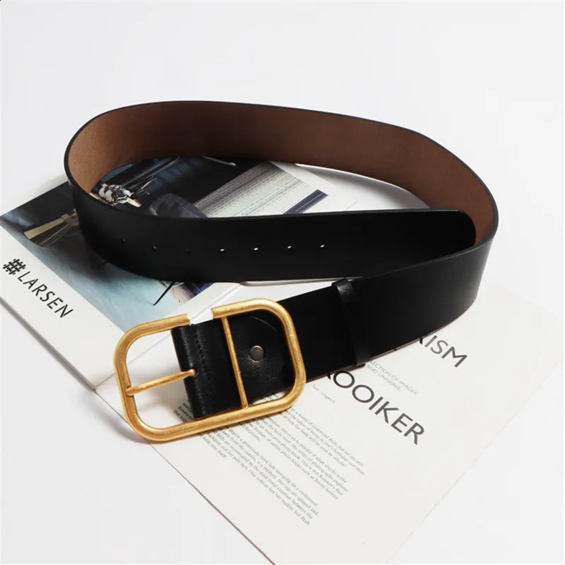 womens leather wide belt gold metal square buckle pin buckle jeans womens retro belt womens waistband 240925
