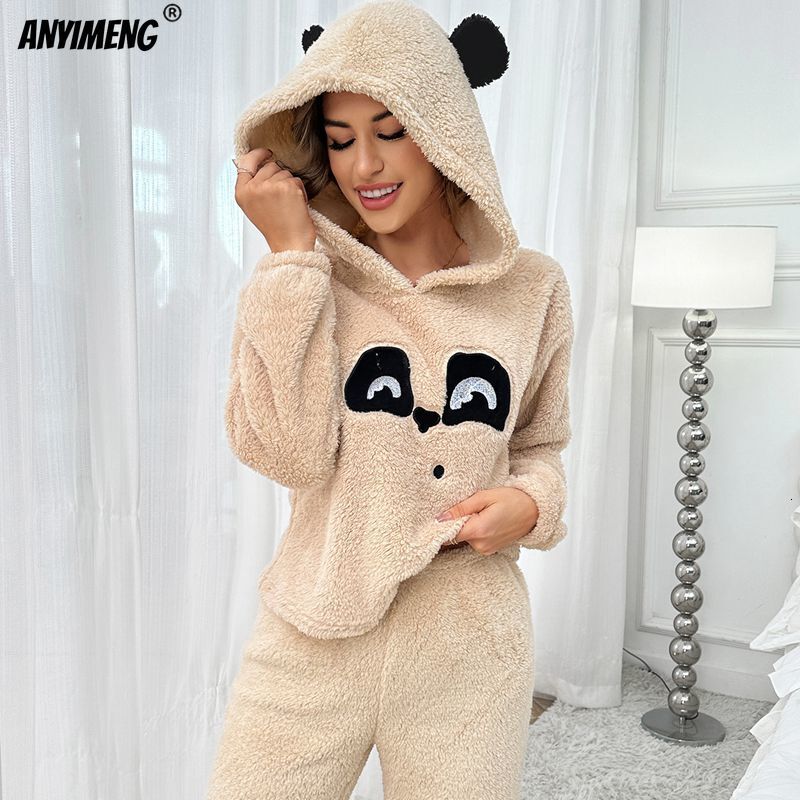 2024 Cute Panda Woman Hoodies Thermal Pamas Set Winter Thick Sleepwear Leisure Hoody Pijamas Casual Girls Fluffy Teddy Homesuits