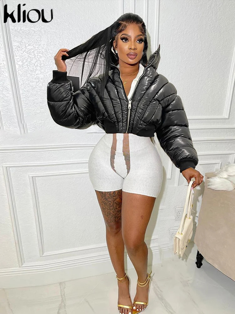 kliou Winter Women Bare Midriff Casual Parkas K23Y33831 Girls Solid Warm Shell Coat Lady Elegant StandCollar Padded Jacket 240927