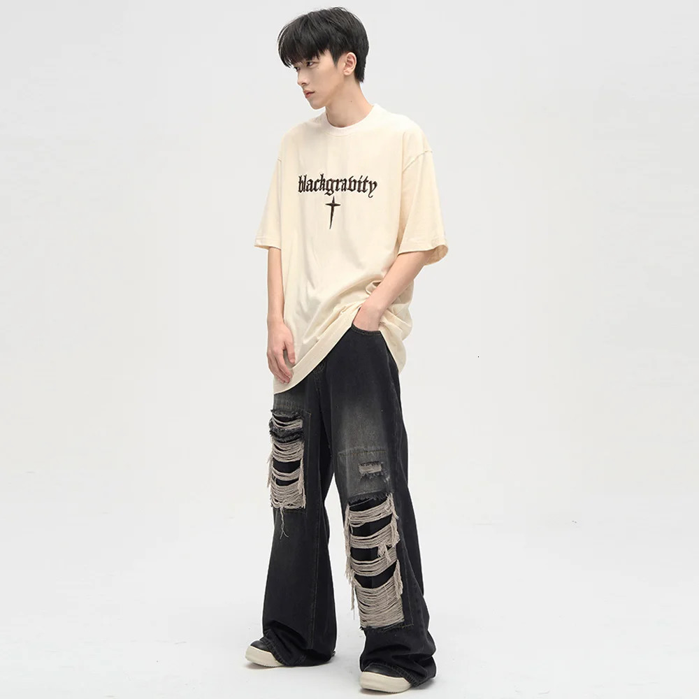 Men's Ripped Black Jeans Harajuku Wide Leg Pants Denim Baggy Y2K Cargo Pants Streetwear Koean Style Clothes Gothic 231229