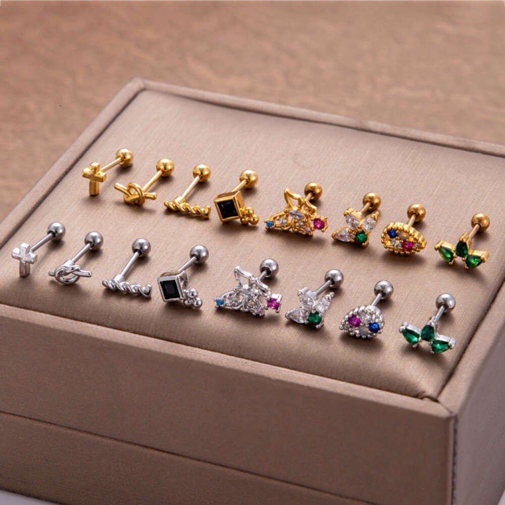 Ball Barbell Earring Helix Screw Butterfly Cross Studs Surgical Stainless Steel Bling Colorful Cubic Zirconia Screw Rod 0.8 Ear Bone Stud Piercing Bod