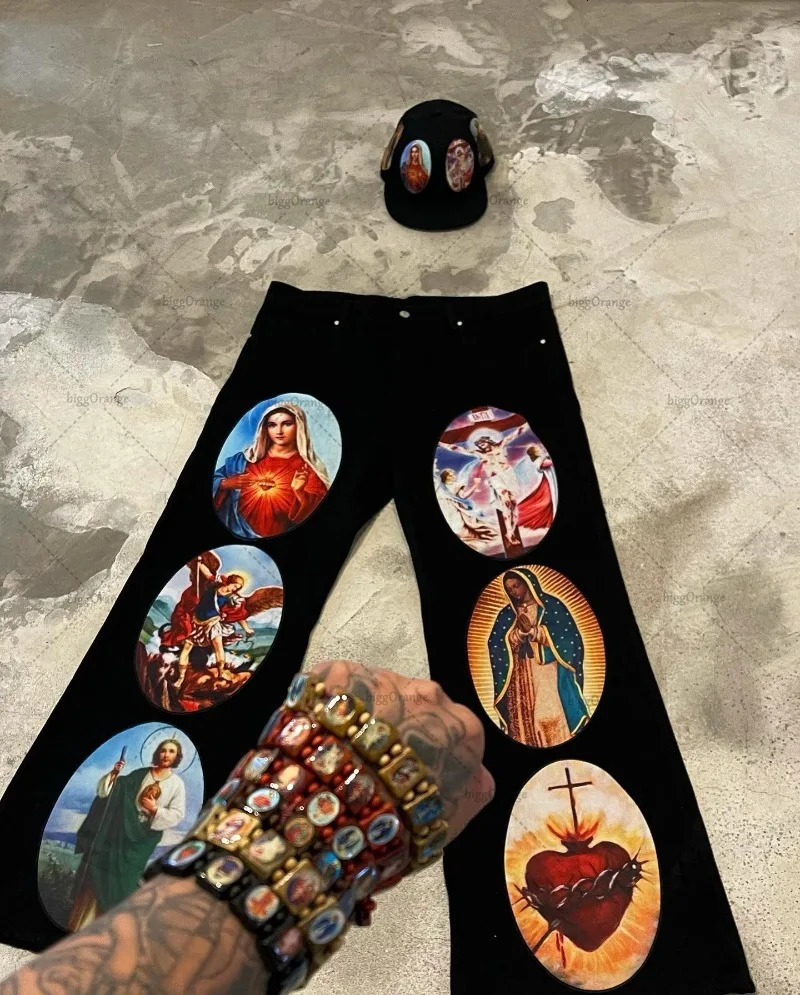 European and American Trousers Virgin Print Black Oversized Jeans Men Y2K Street Hip-hop Retro Straight Wide-leg Pants Women 231229