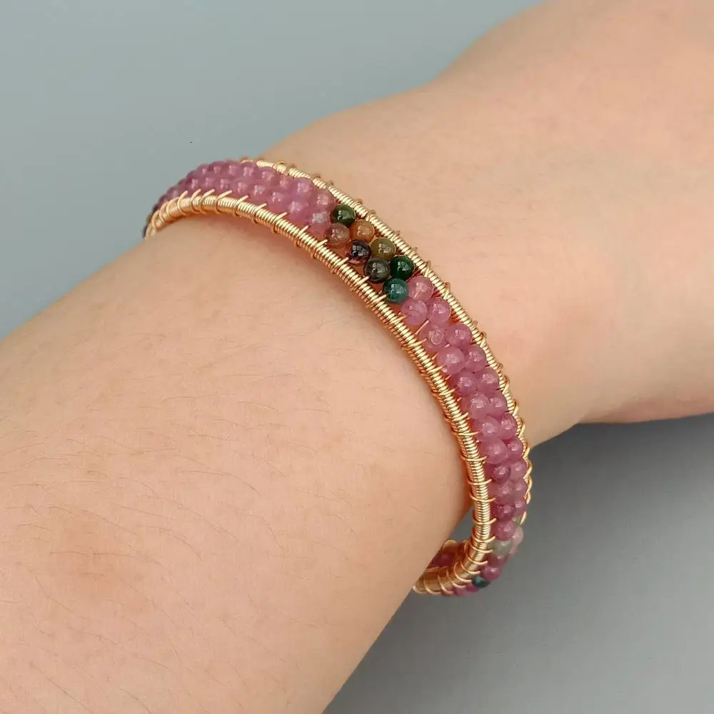 Y YING Natural Pink Tourmaline White Pearl Handmade Bracelet Adjustable Bangle 231229