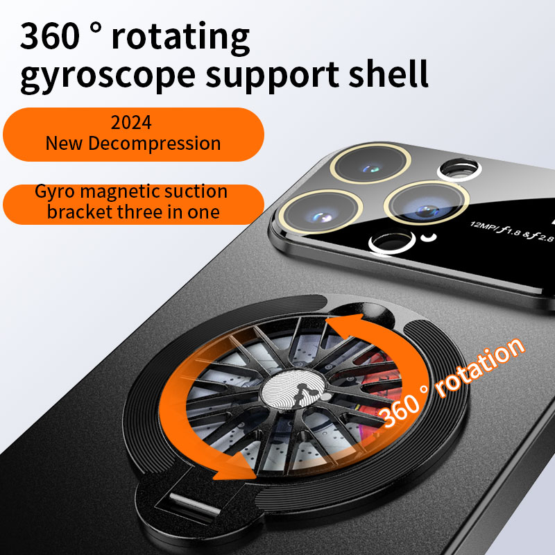 Luxury 360 Rotation Gyroscope Gyro Fold Bracket Magnetic Stand Large Windows Camera Lens Protection Shockproof Cover Case For iPhone 15 14 13 12 11 Ma