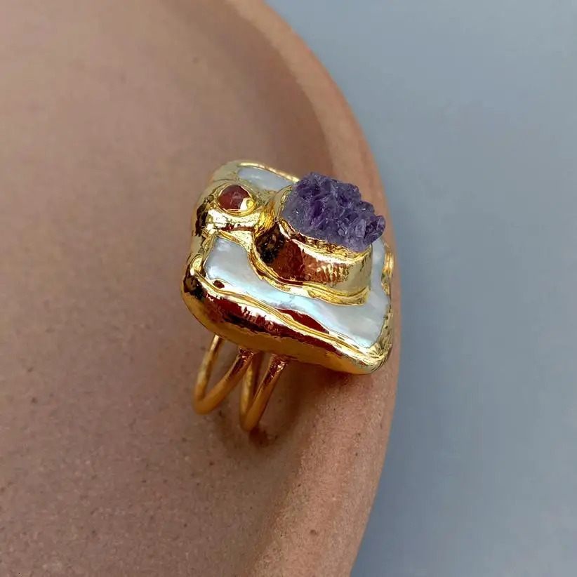 Y.YING Freshwater Cultured White Square Pearl Purple Amethyst Druzy Ring Adjustable 231229