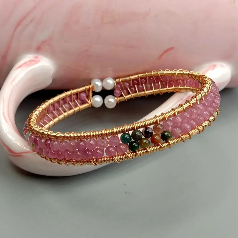 Y YING Natural Pink Tourmaline White Pearl Handmade Bracelet Adjustable Bangle 231229