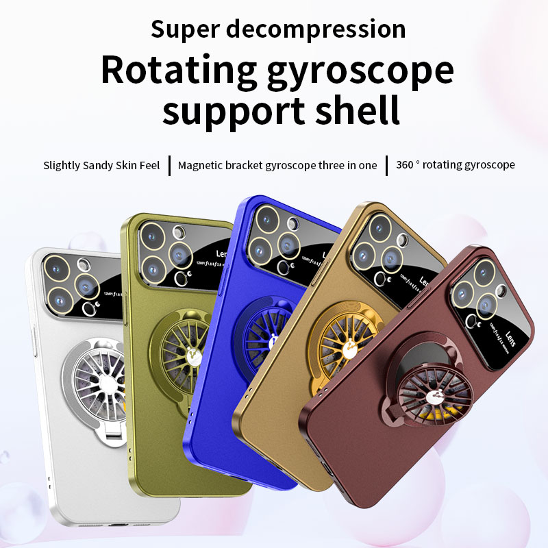 Luxury 360 Rotation Gyroscope Gyro Fold Bracket Magnetic Stand Large Windows Camera Lens Protection Shockproof Cover Case For iPhone 15 14 13 12 11 Ma
