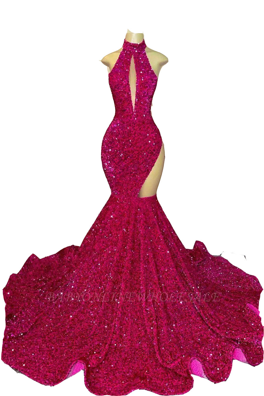 Prom Sexy Dresses High Neck Fuchsia Illusion Keyhole Sequined Lace Sequins Sleeveless Mermaid Plus Size Floor Length Evening Gowns