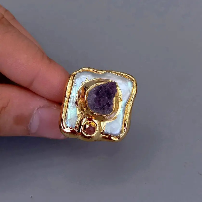 Y.YING Freshwater Cultured White Square Pearl Purple Amethyst Druzy Ring Adjustable 231229