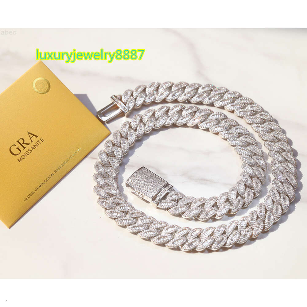 Custom 15mm Width Solid Sier with Gra Baguette Moissanite Cuban k Chain Mens Hip Hop Necklace