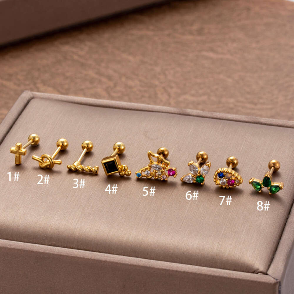 Ball Barbell Earring Helix Screw Butterfly Cross Studs Surgical Stainless Steel Bling Colorful Cubic Zirconia Screw Rod 0.8 Ear Bone Stud Piercing Bod
