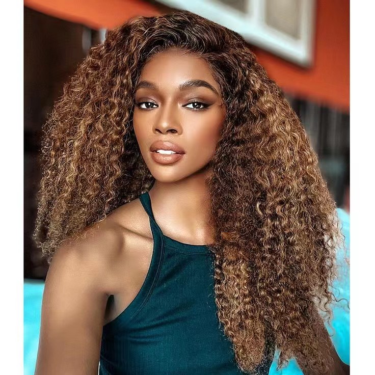 Highlighted deep wave wig with blonde highlights 4/27 deep curly wave ombre piano colored wig human hair front lace wig for black women