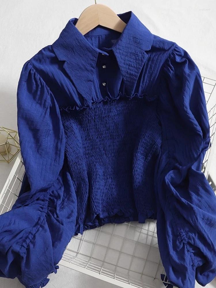 Womens Blouses Women Lantern Sleeve Shirt Pleated Earrings Button Breasted Long Top Solid 2024 Spring Autumn Office Lady Cloth