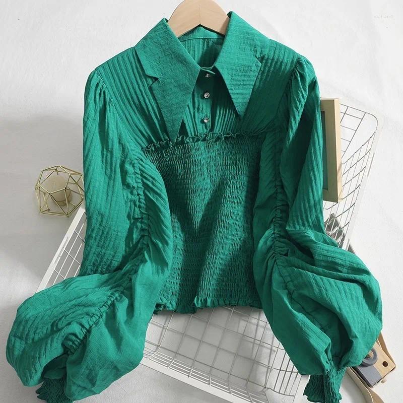 Womens Blouses Women Lantern Sleeve Shirt Pleated Earrings Button Breasted Long Top Solid 2024 Spring Autumn Office Lady Cloth