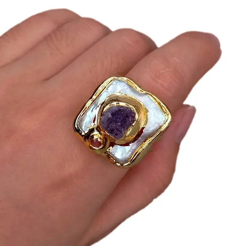 Y.YING Freshwater Cultured White Square Pearl Purple Amethyst Druzy Ring Adjustable 231229
