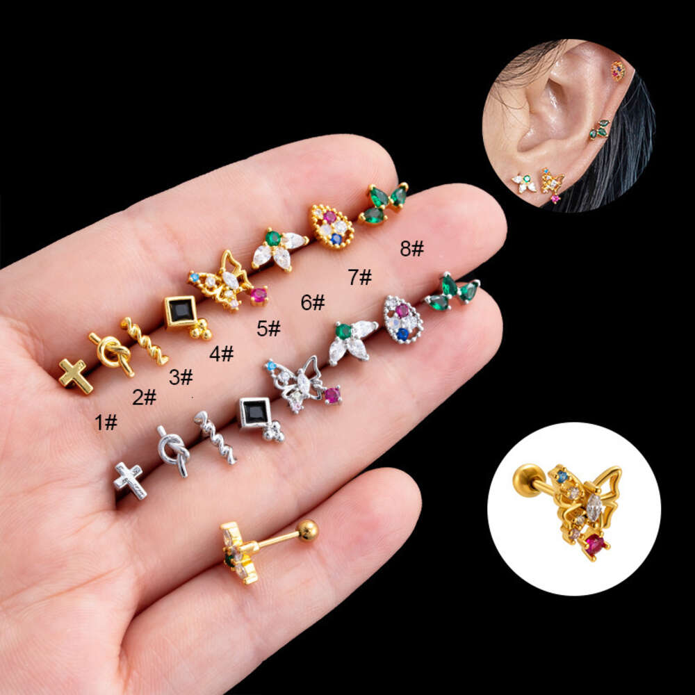 Ball Barbell Earring Helix Screw Butterfly Cross Studs Surgical Stainless Steel Bling Colorful Cubic Zirconia Screw Rod 0.8 Ear Bone Stud Piercing Bod