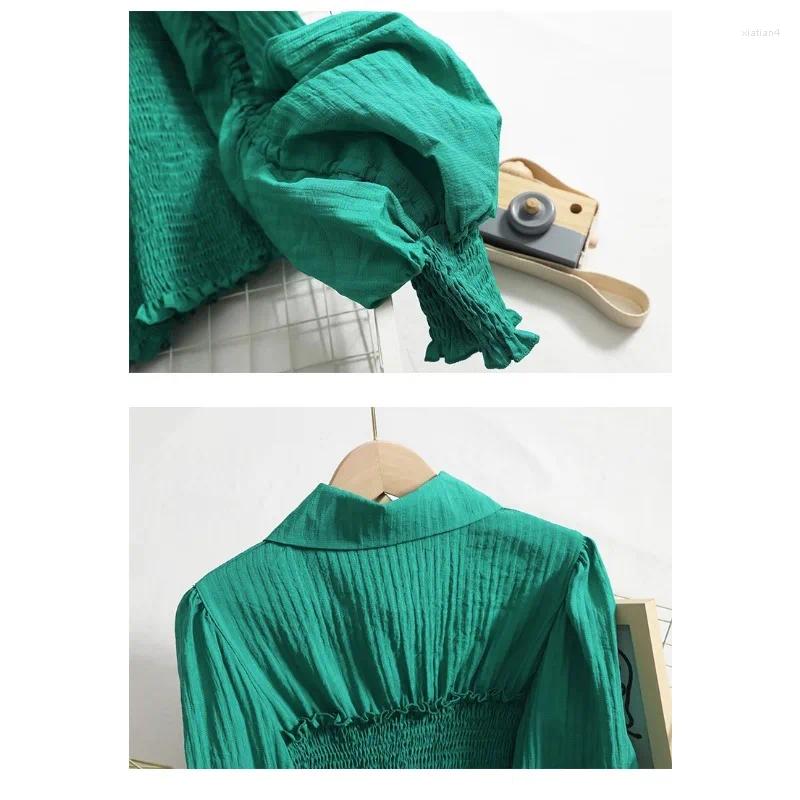 Womens Blouses Women Lantern Sleeve Shirt Pleated Earrings Button Breasted Long Top Solid 2024 Spring Autumn Office Lady Cloth