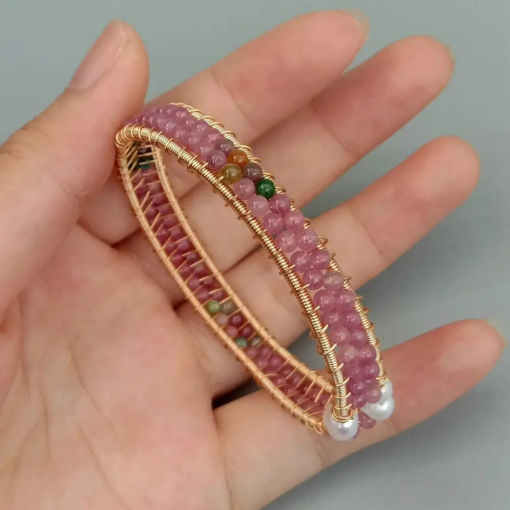 Y YING Natural Pink Tourmaline White Pearl Handmade Bracelet Adjustable Bangle 231229
